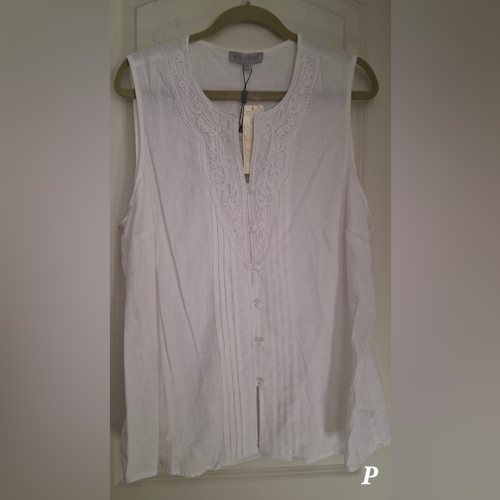 Rose & thyme Elegant White linen rayon Sleeveless Top 1x seacore beach summer - Picture 2 of 11